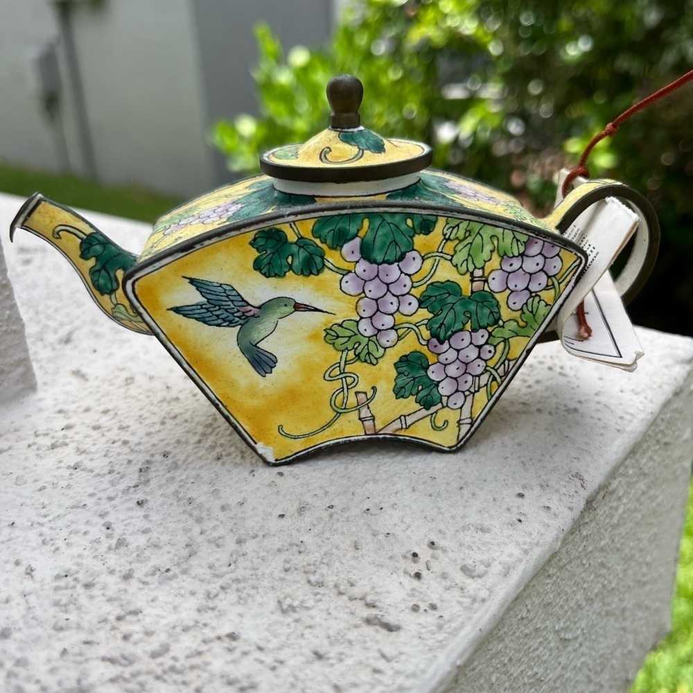 KELVIN CHEN Enamel Mini Copper Handpainted Teapot - Hummingbird & Grape